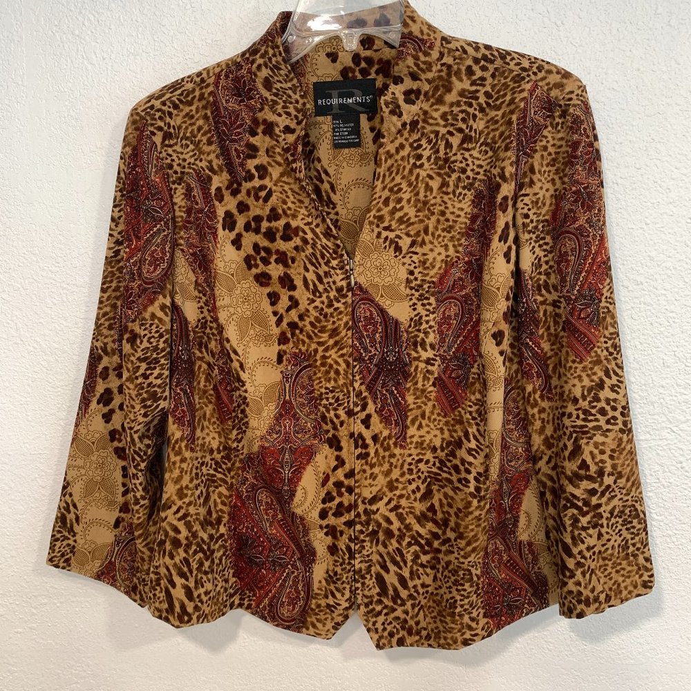 NWOT Vintage Requirements Full Zip Jacket Top Brown Paisley Animal Print Size Lg